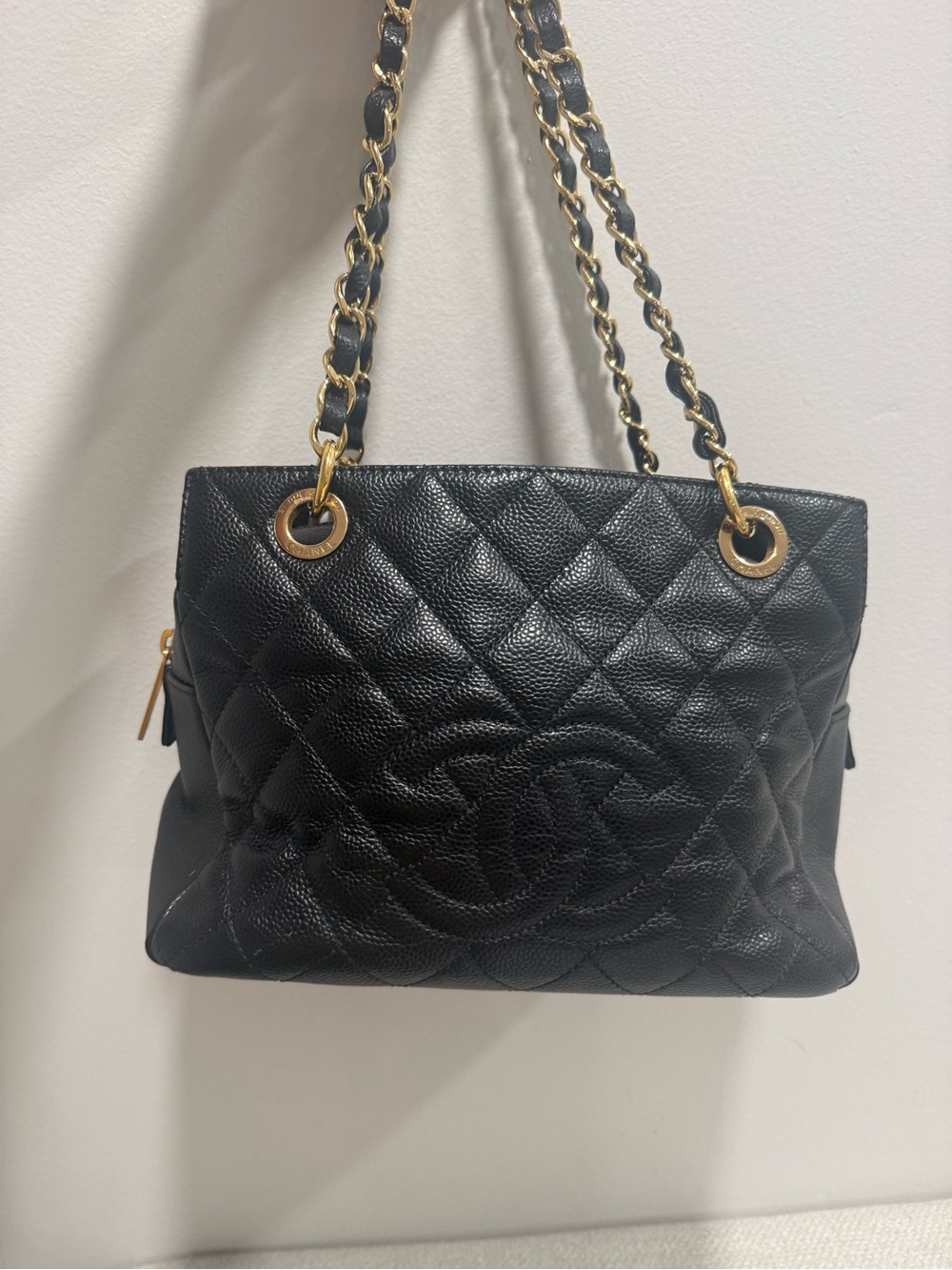 Chanel caviar Black Quilted Leather Petite shopping tote with zip closure